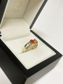 Antiek 14 K Gouden Ring Ovaal Cabochon Geslepen Gelakt Bloedkoraal