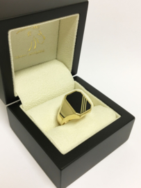 14 K Gouden Heren Zegelring (8-kant) Zwarte / Grijze Onyx