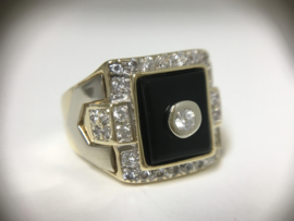 14 K Bicolor Gouden Heren Ring Onyx / Briljantgeslepen Zirkonia - 14,1 g