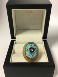 Grote Antiek Gouden Entourage Ring Turkoois / Roosgeslepen Diamant