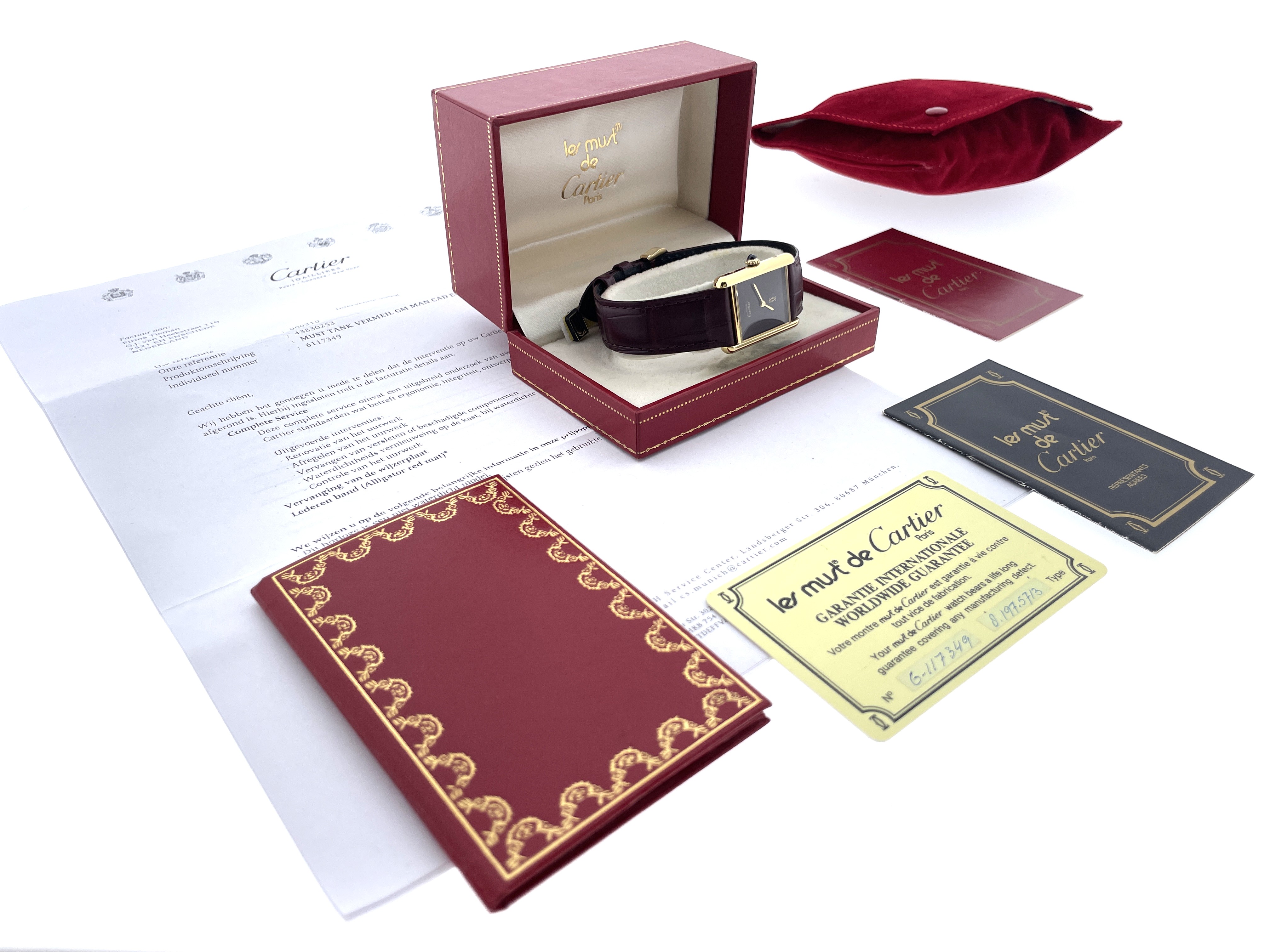 Les Must de Cartier Tank Large Burgundy Red Lacquer - Full Set Incl 'Life-Long' Cartier Garantie