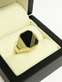 14 K Gouden Heren Zegelring (8-kant) Zwarte / Grijze Onyx