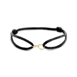 Zwart Gevlochten Armband Satijn Gouden Hartje Ringetje - Verstelbaar