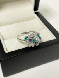 14 K Witgouden Cocktail Ring Briljant Geslepen Diamant Saffier Smaragd