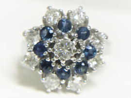 Exclusieve 14 K Witgouden Rozet Ring 0.9 crt Diamant / 0.4 crt Saffier