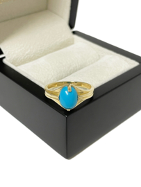 Vintage 14 K Gouden Dames Ring Cabochon Blauwe Ovaal Turkoois