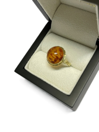 Antiek 14 Karaat Gouden Ring Cabochon Geslepen Barnsteen