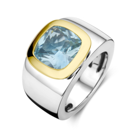 14 Karaat Geelgoud op Gerhodineerd  Zilveren Brede Ring - Sky Blue Topaas