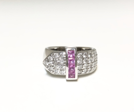 18 K Witgouden Bandring Briljantgeslepen Diamant Caré Geslepen Roze Saffier