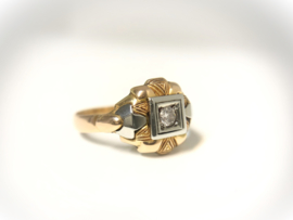 Art Deco 18 K Bicolor Gouden Ring 0.12 Briljantgeslepen Diamant  I / SI2- P