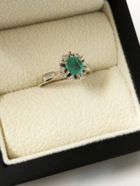 Antiek 14 K Witgouden Rozet Ring Natuurlijk Smaragd / Diamant