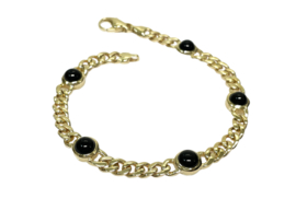 14 K Gouden Gourmette Schakel Armband Cabochon Onyx - 19 cm / 16.2 g / 5-8 mm