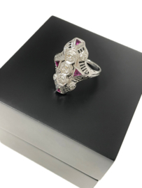 Art Deco Witgouden Prinsessen Ring 0.65 ct Diamant / Robijn - Jaren 30