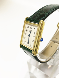 Must de Cartier Tank Large Quartz 590005 Ivory Arabic Dial Smaragd Groenlederen Band