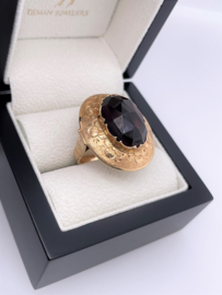 Grote 14 Karaat Antiek Gouden Gravé Ring Facet Geslepen Granaat - 10 g