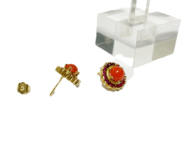 Antiek 18 K Gouden Rozet Oorstekers Cabochon Bloedkoraal / Robijn