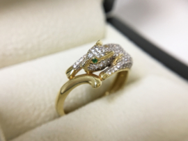 18 K Gouden Panter Ring Smaragd Groene Ogen / Geslepen Zirkonia