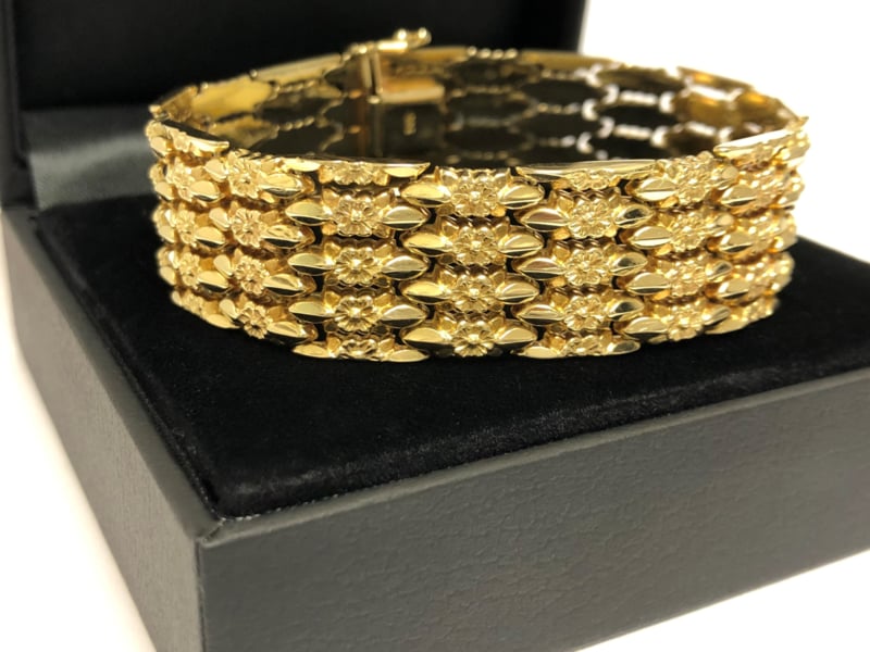 Brede Gouden Schakel Armband Vergeet Mij Nietjes - 19 cm / 31,44 g | Armbanden Verkocht | TIEMAN JUWELIERS - Goud verkopen Enschede Hengelo Overijssel