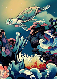 Japanse kunst - Schildpad tussen het koraal