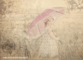 Sepia postcard - Girl with umbrella