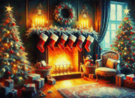 Christmas painting - Fireplace with stockings
