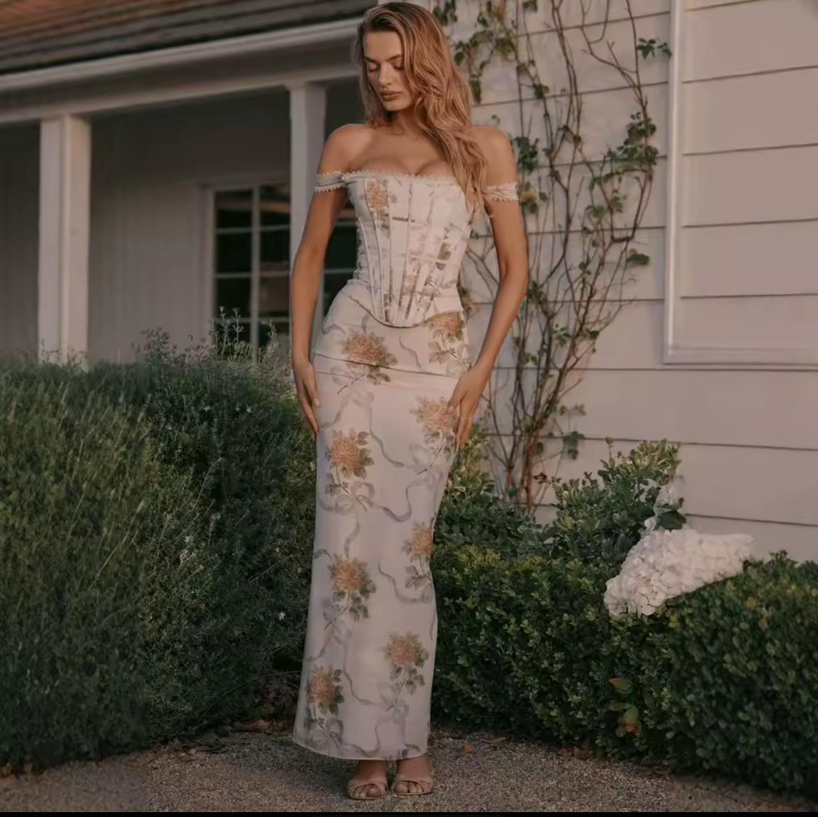 CHAMPAGNE FLOWER CORSET DRESS