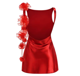 SATIN ROSE DRESS RED