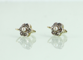 Antieke gouden oorbellen bloem parel diamant, Art Deco