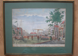 Antieke gravure Langebrug Amsterdam 18e eeuw