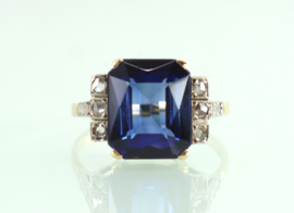 Antieke gouden Art Deco ring met saffier en diamant