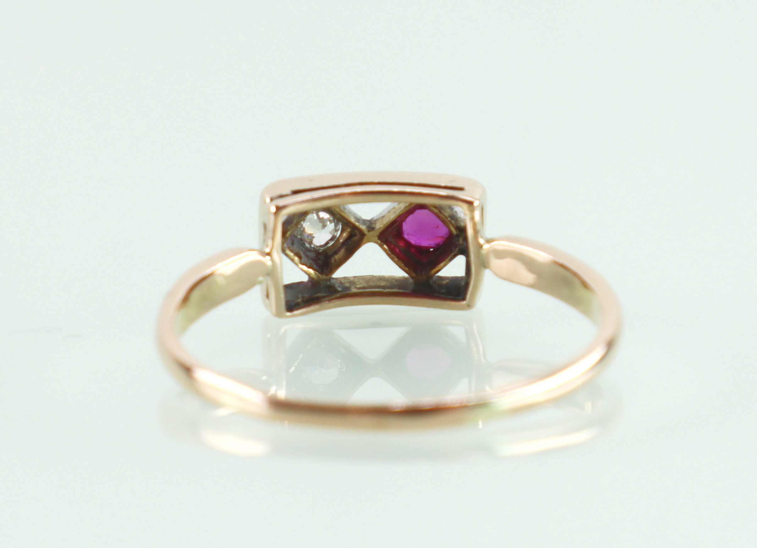 Antieke 18k roségouden ring diamant robijn Art Deco