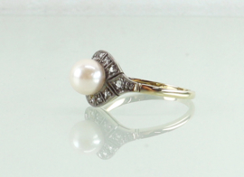 Art Deco gouden ring diamanten parel ca. 1920