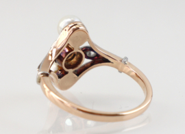 Antieke gouden ring met parels en roosdiamant, Jugendstil