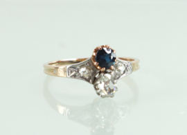 Antieke goud met platina ring saffier roosdiamant