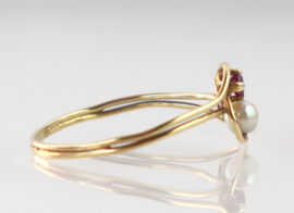 Antieke gouden ring parel robijnen, Jugendstil, ca. 1890