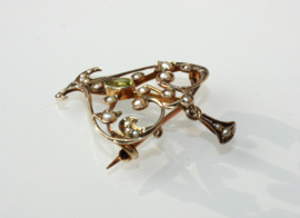 Jugendstil gouden hanger / broche met zaadparels en toermalijn