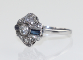 Antieke Art Deco witgouden ring met diamant en saffier