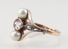 Antieke gouden ring met parels en roosdiamant, Jugendstil