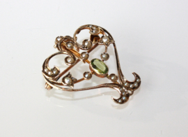 Jugendstil gouden hanger / broche met zaadparels en toermalijn