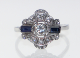 Antieke Art Deco witgouden ring met diamant en saffier