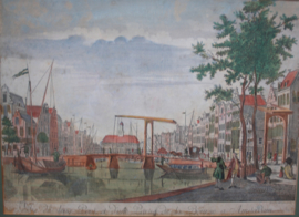 Antieke gravure Langebrug Amsterdam 18e eeuw