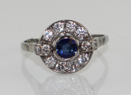 Antieke witgouden Art Deco ring met diamant en saffier