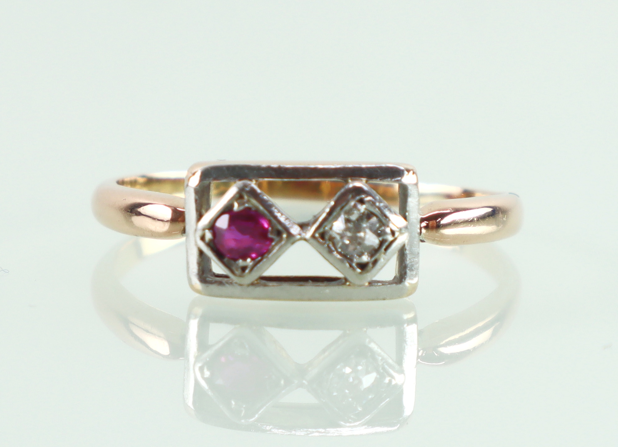 Antieke 18k roségouden ring diamant robijn Art Deco