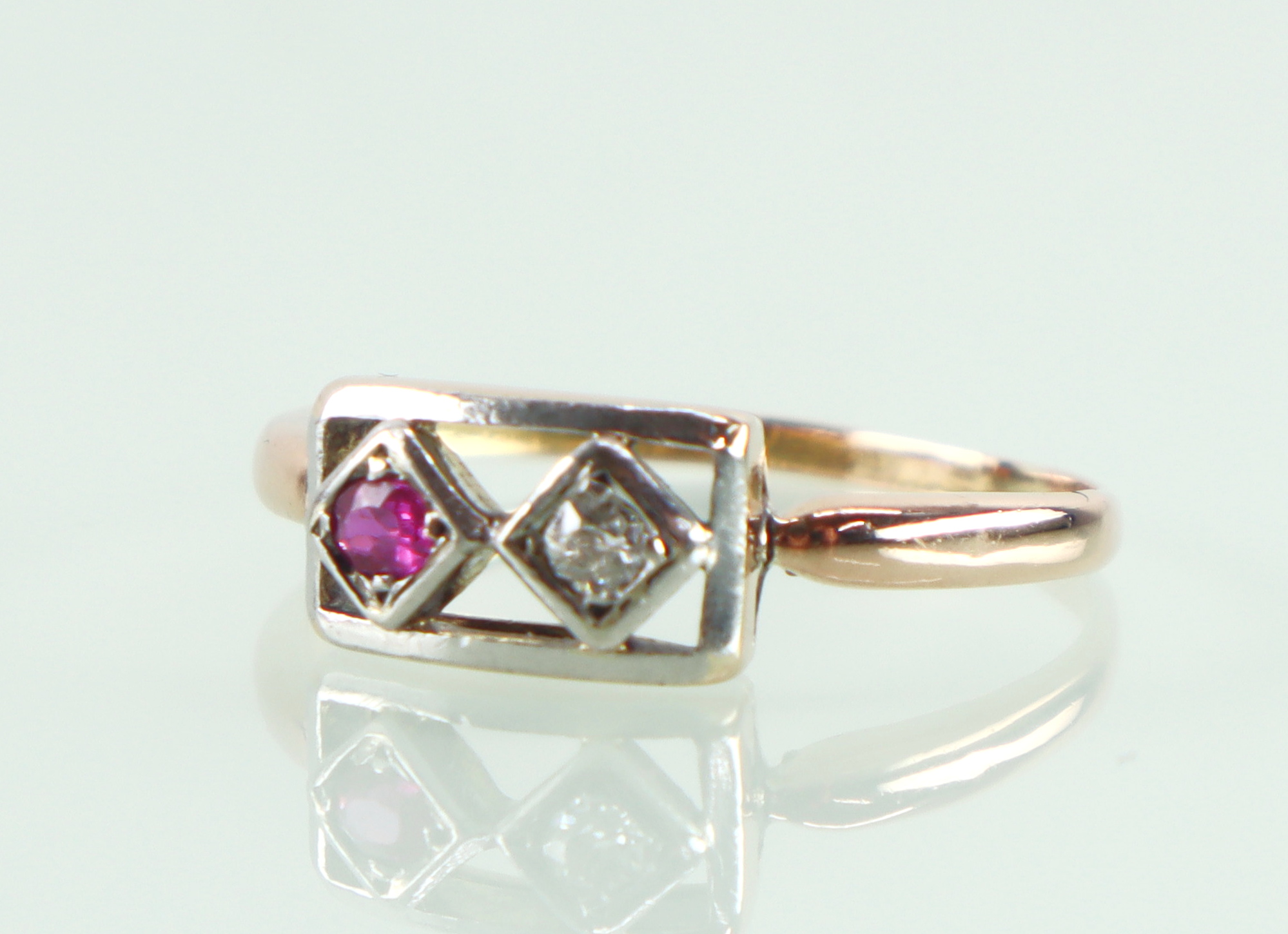 Antieke 18k roségouden ring diamant robijn Art Deco