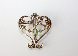 Jugendstil gouden hanger / broche met zaadparels en toermalijn
