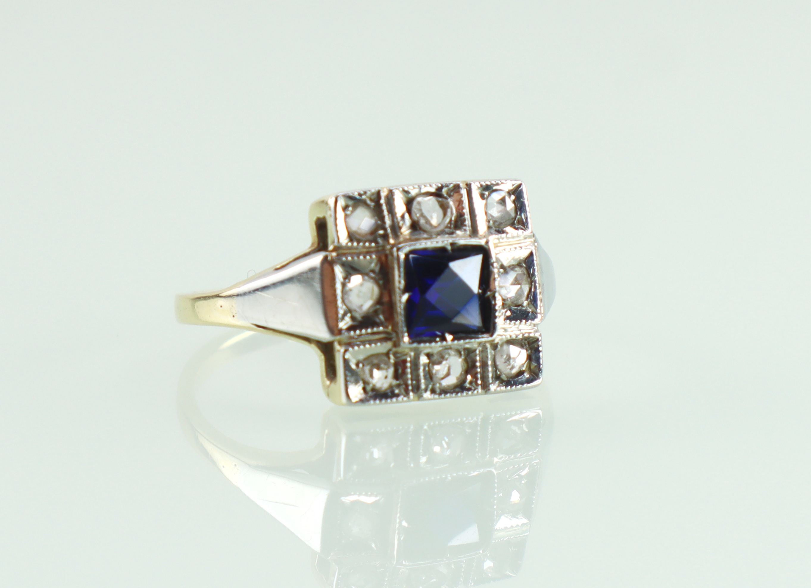 Art Deco gouden ring saffier roosdiamant