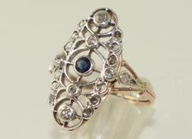 Antieke Jugendstil gouden ring met saffier en diamanten