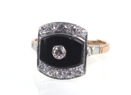 Art Deco ring rosé goud platina onyx diamant, ca. 1920