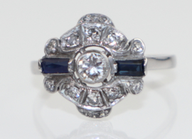 Antieke Art Deco witgouden ring met diamant en saffier