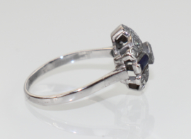 Antieke Art Deco witgouden ring met diamant en saffier